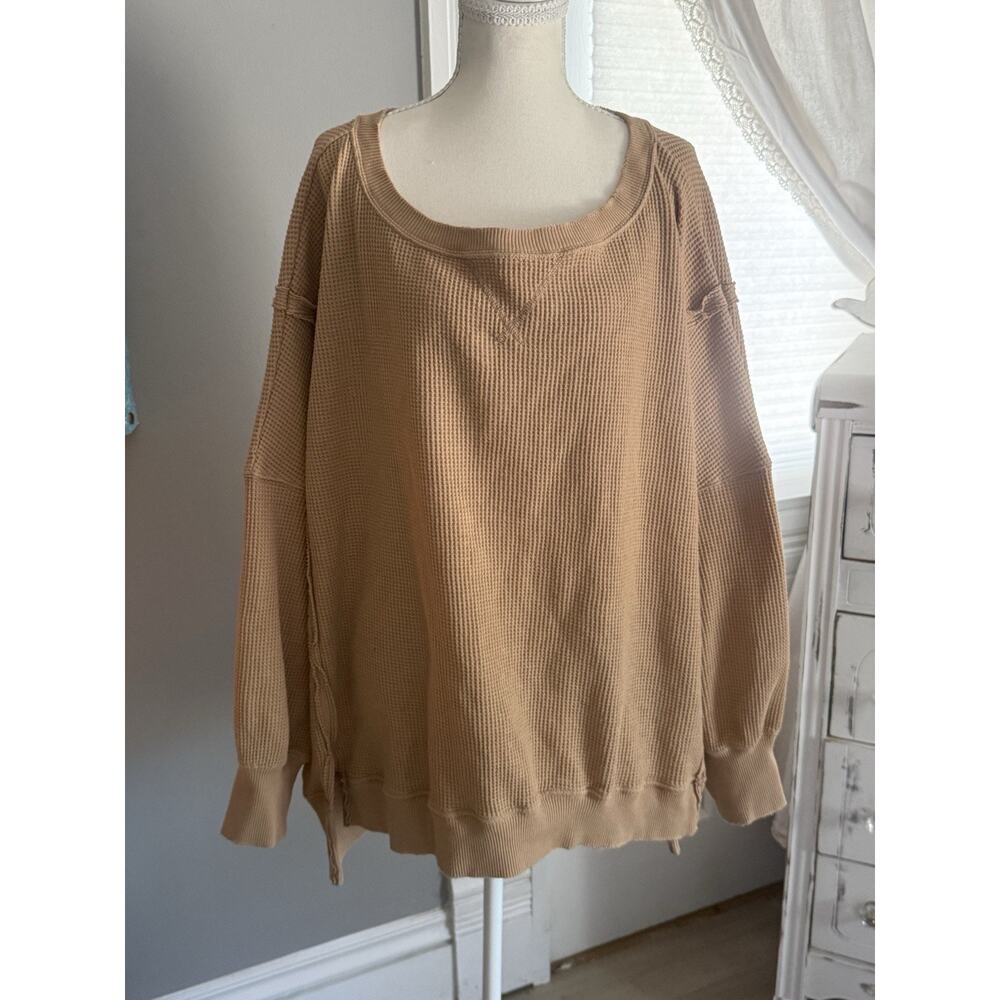 American Eagle Seriously Lived-In Waffle Knit Thermal Top Grey tan XXL Oversized
